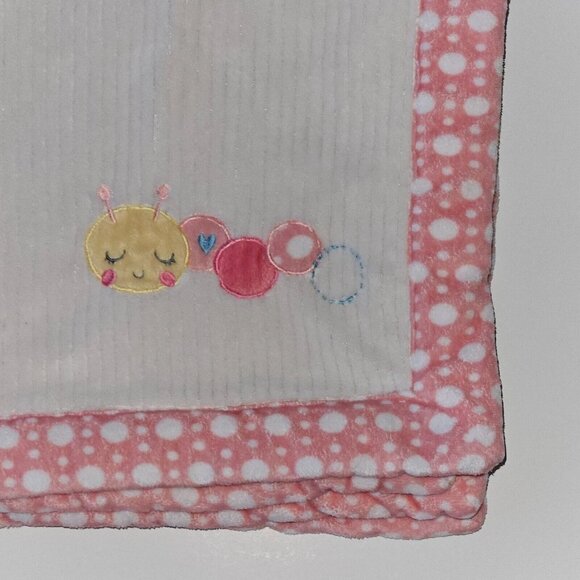 Chick Pea Ribbed Caterpillar Fleece Baby Blanket Pink White Polka Dot Trim 30x30 - Picture 1 of 6